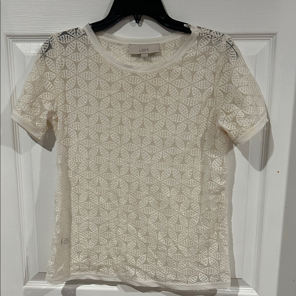 LOFT Sheer Ivory Geometric Lace Short Sleeve Top